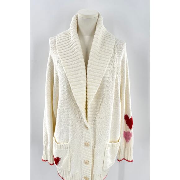 Maeve Anthropologie White Heart Cardigan Cotton Knit Grandpa Cardi Large 2XL XXL - Picture 2 of 8